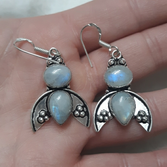 New Rainbow Moonstone Silver Earrings. - Picture 2 of 8